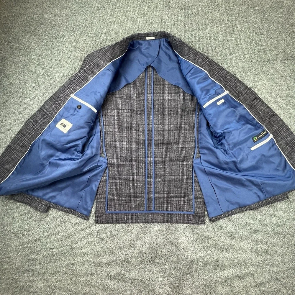 Joseph Abboud Heritage 44R Blazer Lanificio di Pray Italian Wool Grey Blue Plaid